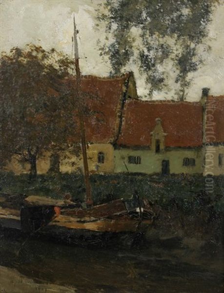 Flusschiff In Einem Kanal Bei Einer Hauserzeile Oil Painting by Armand Adrien Marie Apol