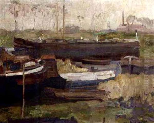 Moored Boats In A Canal Oil Painting by Armand Adrien Marie Apol