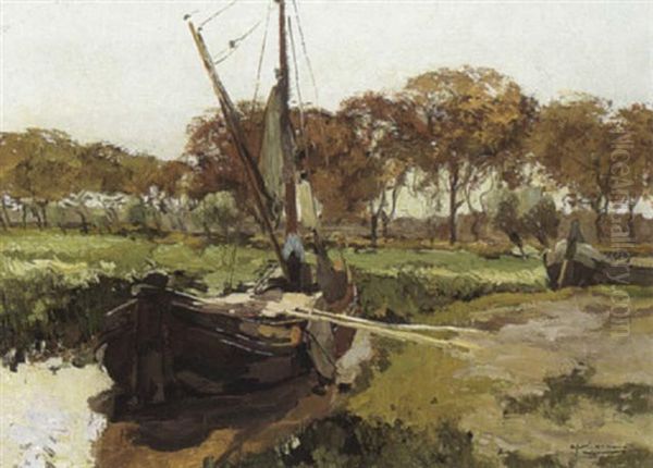 Boats At A Canal Oil Painting by Armand Adrien Marie Apol