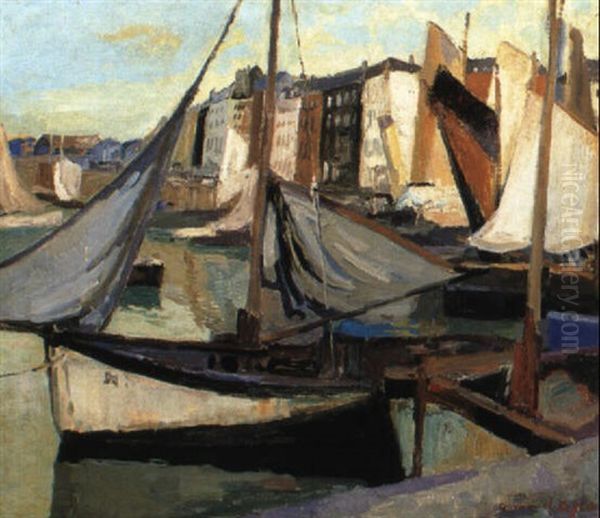 Fishing Boats In A Harbour Oil Painting by Armand Adrien Marie Apol