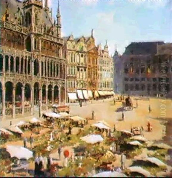 Le Marche' Aux Fleurs A Grand Place De Bruxelles Oil Painting by Armand Adrien Marie Apol