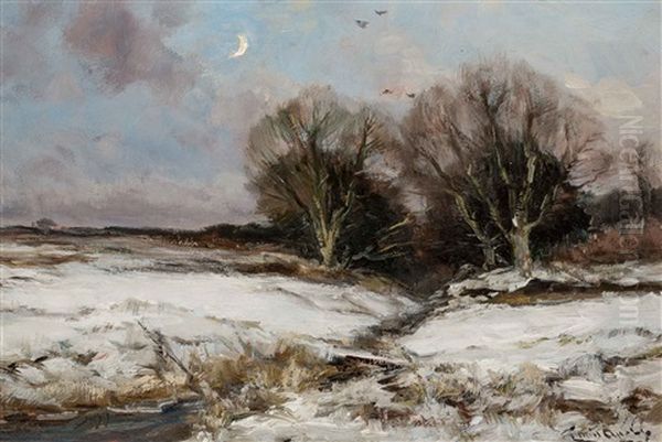 Winter Landscape With Crescent Moon Oil Painting by Louis Apol