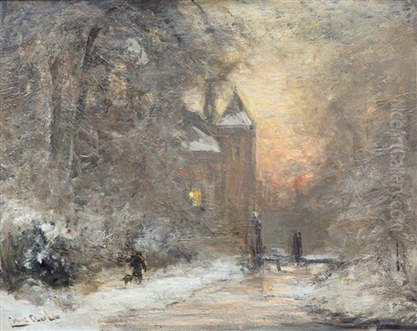 Winter Landscape With A Castle Along A River At Sunset Oil Painting by Louis Apol