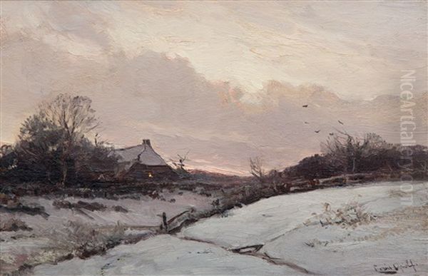 A Farm In A Snowy Landscape At Sunset Oil Painting by Louis Apol