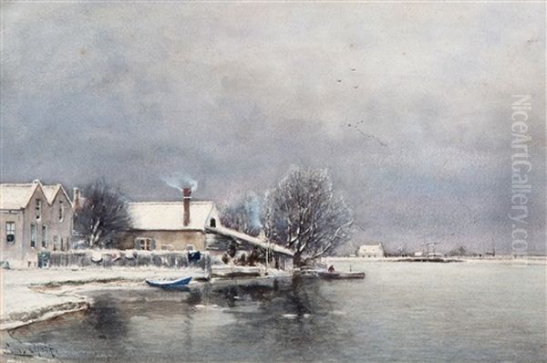 A Cold Winter Day At The Lakeside Oil Painting by Louis Apol