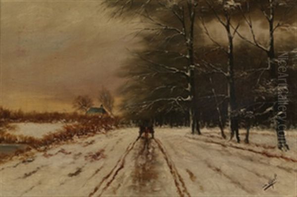 Hest Og Vogn, Vinter Oil Painting by Louis Apol