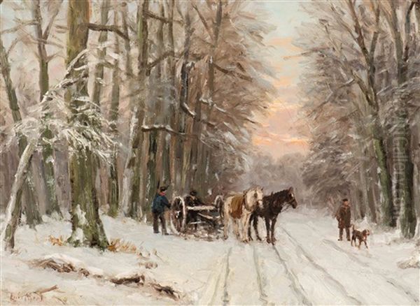 Walker With A Dog And The Loading Of The Logging Wheels On A Snow-covered Forest Path At Dusk Oil Painting by Louis Apol