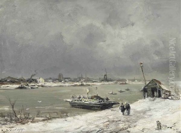 A Ferry Crossing Near Wijk Bij Duurstede In Winter Oil Painting by Louis Apol