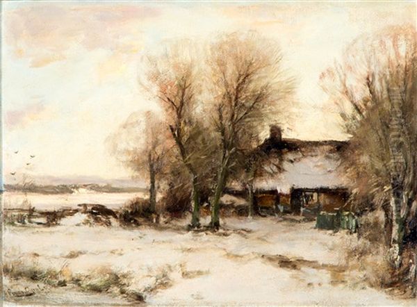 Boerderij In Sneeuwlandschap Oil Painting by Louis Apol