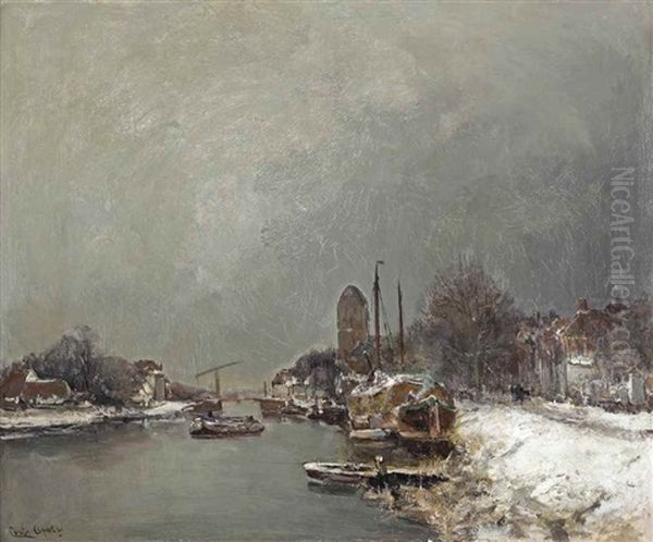 Moored Boats Along A Canal In Winter Oil Painting by Louis Apol