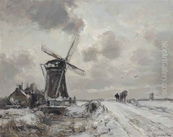 A Snow Covered Winter Landscape With A Windmill by Louis Apol