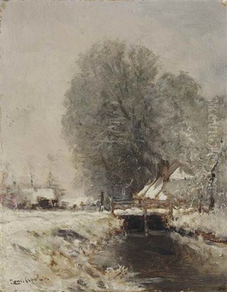 Snow Covered Houses Under Trees In Winter Oil Painting by Louis Apol