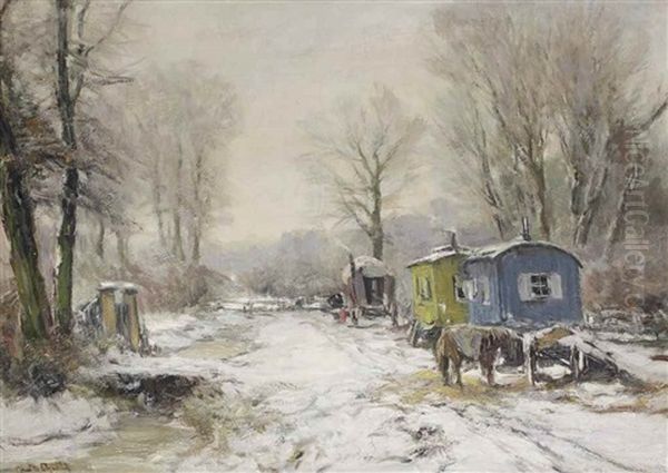 A Snow Covered Forest With Fair Wagons And A Horse Along A Path Oil Painting by Louis Apol