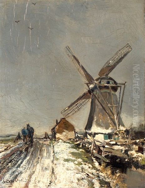 Sneeuwlandschap Met Molen Oil Painting by Louis Apol