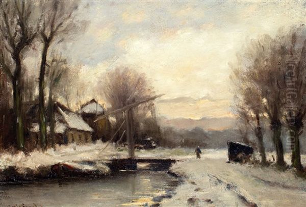 Winternamiddag Met Wandelaar Bij Een Ophaalbrug Oil Painting by Louis Apol