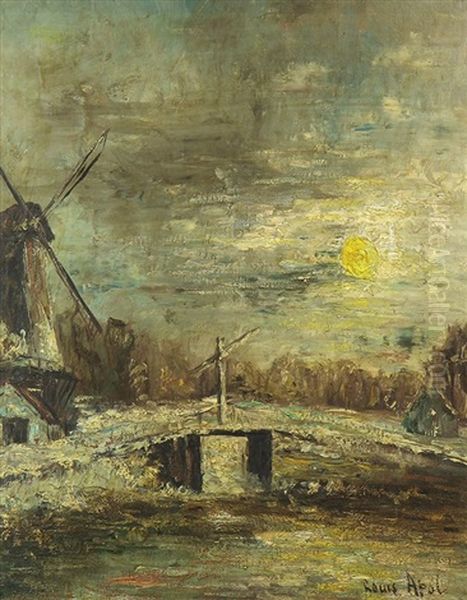 Windmill By The Sun In A Wintery Landscape Oil Painting by Louis Apol