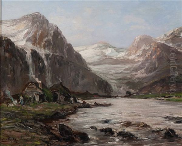 Fjord In Norway With A View Of Hammerfest Oil Painting by Louis Apol