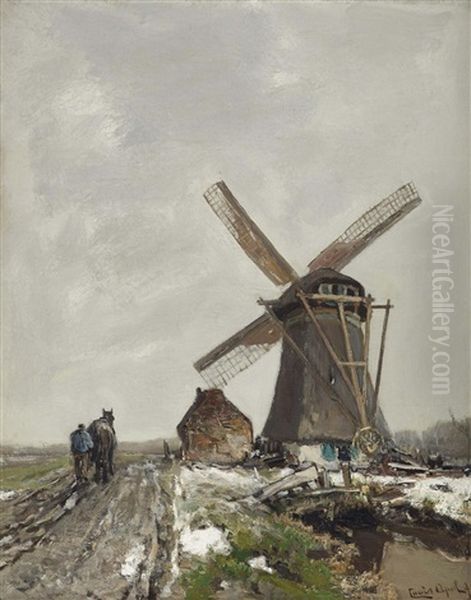 A Snowy Polder Landscape With A Windmill Oil Painting by Louis Apol