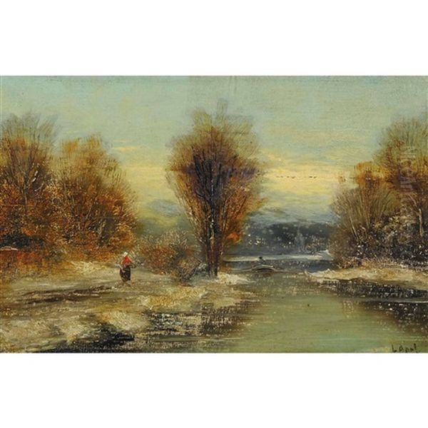 Bauerin Am Winterlichen Flussufer Oil Painting by Louis Apol