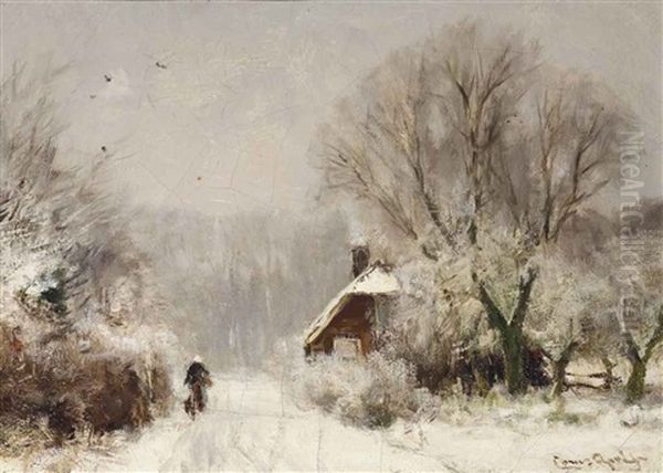 A Cottage In Winter Oil Painting by Louis Apol