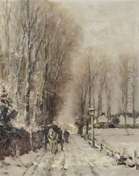 A Horse-drawn Cart On A Snowy Path Oil Painting by Louis Apol