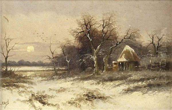 A) Winterlandschaft Mit Untergehender Sonne B) Abend Am Waldesrand Mit Bach Und Brucke, Sowie Personenstaffage (pair) Oil Painting by Louis Apol