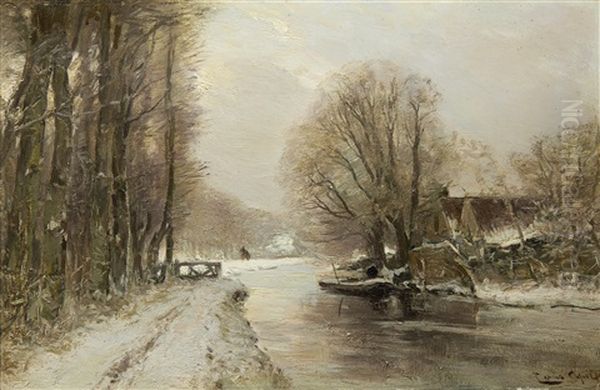 River Landscape In Winter Oil Painting by Louis Apol