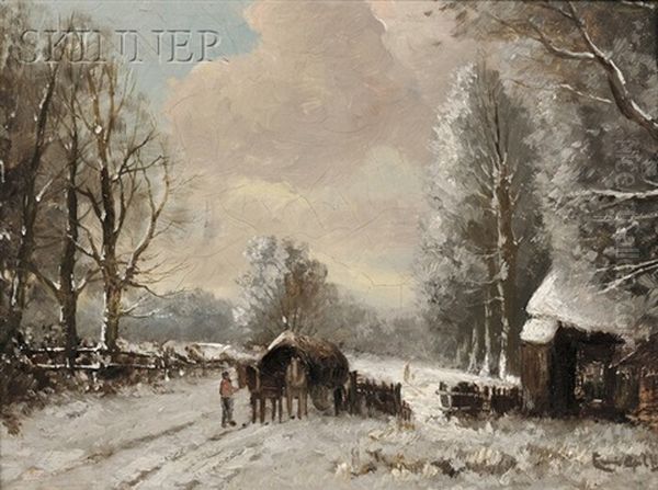 Snowy Landscape With Horse-drawn Hay Wagon Oil Painting by Louis Apol