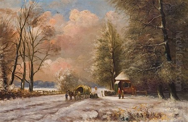 Winterliche Landstrase Mit Pferdewagen Oil Painting by Louis Apol