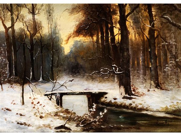 Verschneite Waldlandschaft Mit Holzsteg Uber Einem Bachlauf Oil Painting by Louis Apol