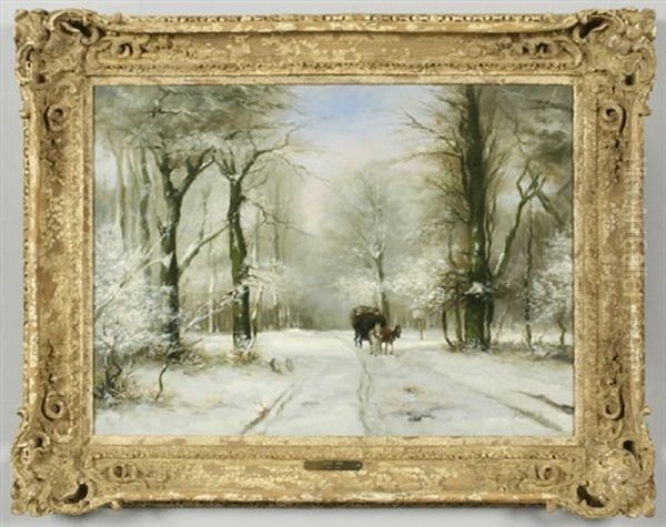 Wintry Landscape With A Horse And Cart Coming Down The Path Oil Painting by Louis Apol