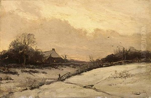 A Farm House In A Snow Covered Landscape Oil Painting by Louis Apol