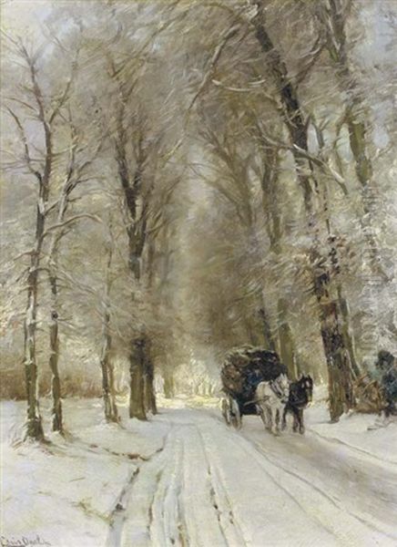 A Horse Drawn Cart On A Snow Covered Forest Track Oil Painting by Louis Apol