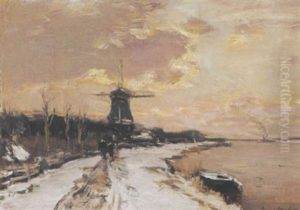 A Winter Landscape With A Windmill Oil Painting by Louis Apol