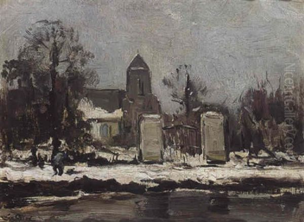 A Winter Landscape With Figure Walking Along A Canal Oil Painting by Louis Apol