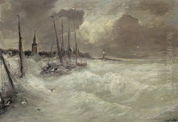 Ships On A Stormy Sea Oil Painting by Louis Apol