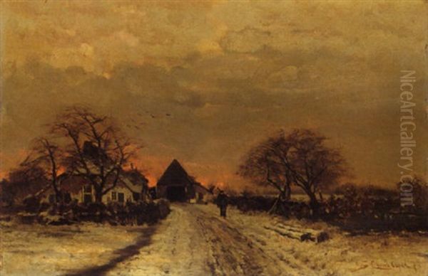 A Winterlandscape With A Figure On A Road Near A Farm Oil Painting by Louis Apol