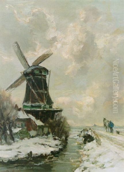 A Windmill In A Winter Landscape Oil Painting by Louis Apol