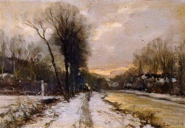 Een Besneeuwde Landweg Langs Een Vaart Oil Painting by Louis Apol