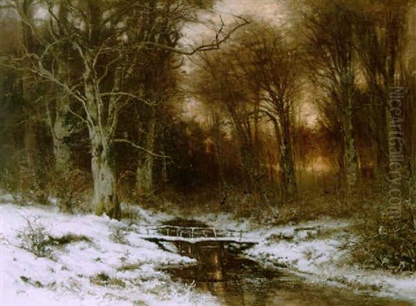 A Wintry Forest Scene At Dusk Oil Painting by Louis Apol