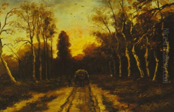 Horse Cart And Traveller Along Tree-lined Path Oil Painting by Louis Apol