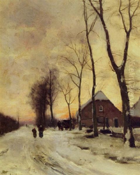 Figures In A Winter Landscape, Evening Oil Painting by Louis Apol