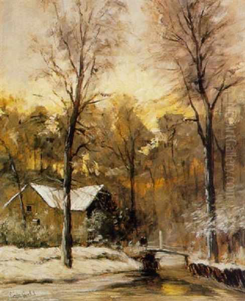 A Cottage In A Snowy Forest Oil Painting by Louis Apol