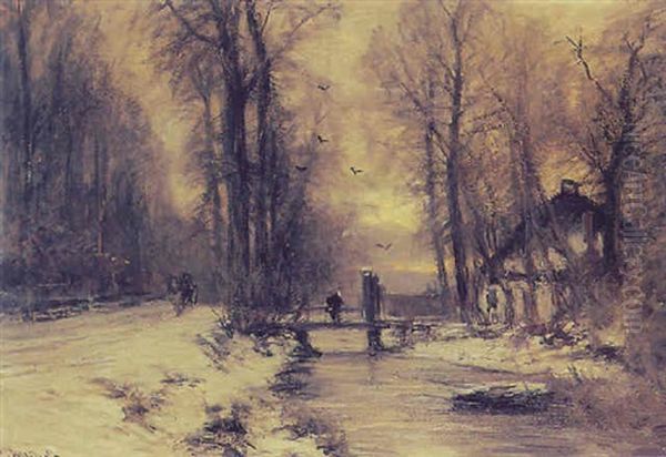 A Snowy Country Road Along A Canal Oil Painting by Louis Apol