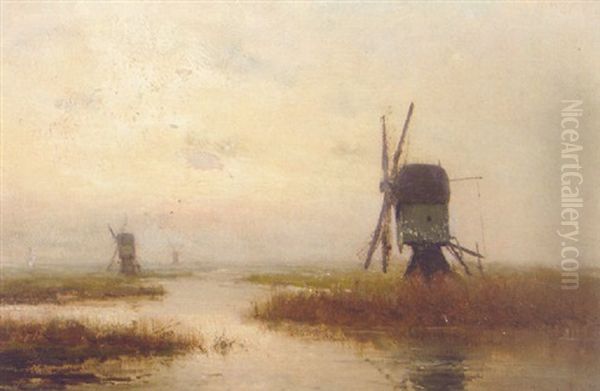 Polder Landscape With Windmills Oil Painting by Louis Apol