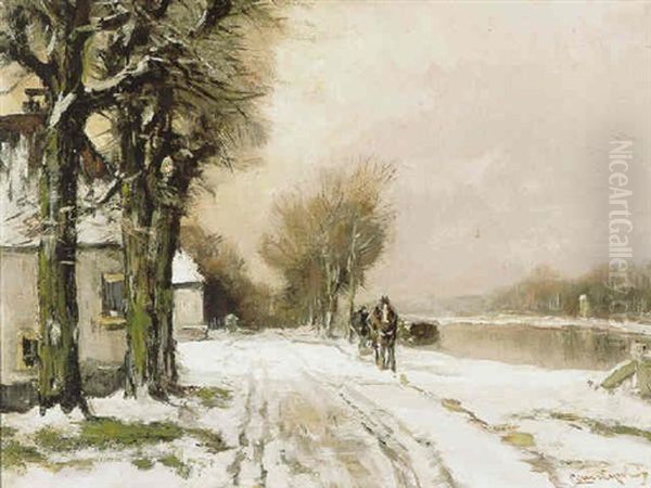 Wintergezicht Met Huizen Langs Een Bevroren Vaart Oil Painting by Louis Apol