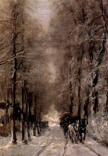 A Haywagon On A Snowy Lane Oil Painting by Louis Apol