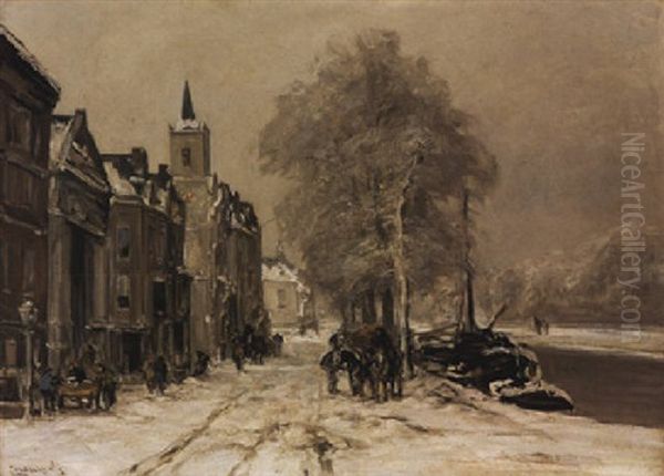 A Wintry Quay, The Hague Oil Painting by Louis Apol