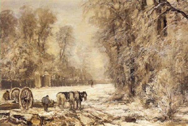 A Figure With A Cart In A Winter Landscape Oil Painting by Louis Apol