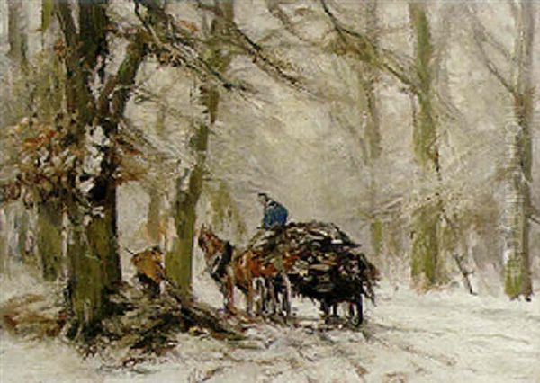 Wood Gatherers In A Winter Forest Oil Painting by Louis Apol